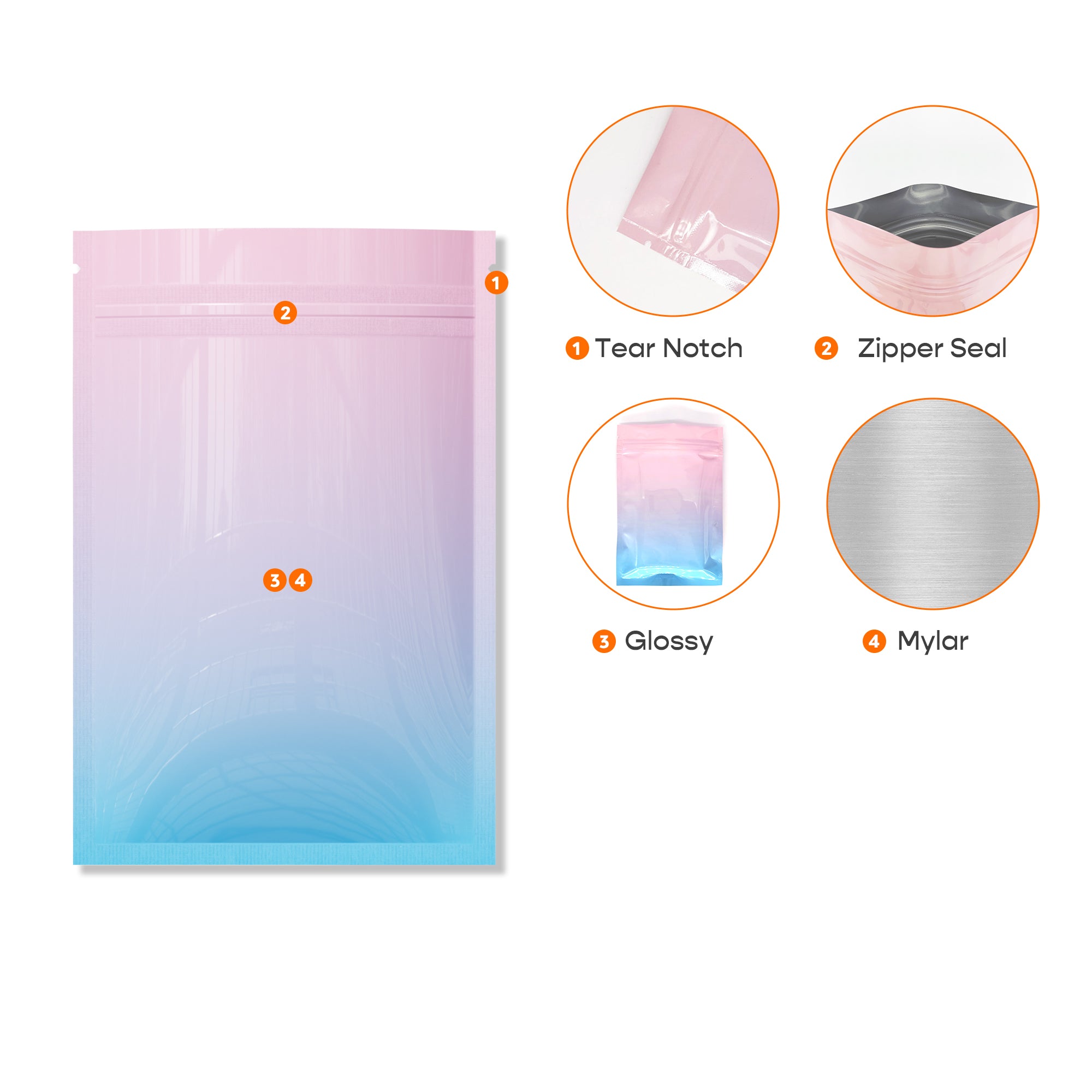 Gradient Ombre Flat Zipper Seal Bags – Glossy Two-Tone Mylar with Double-Sided Finish