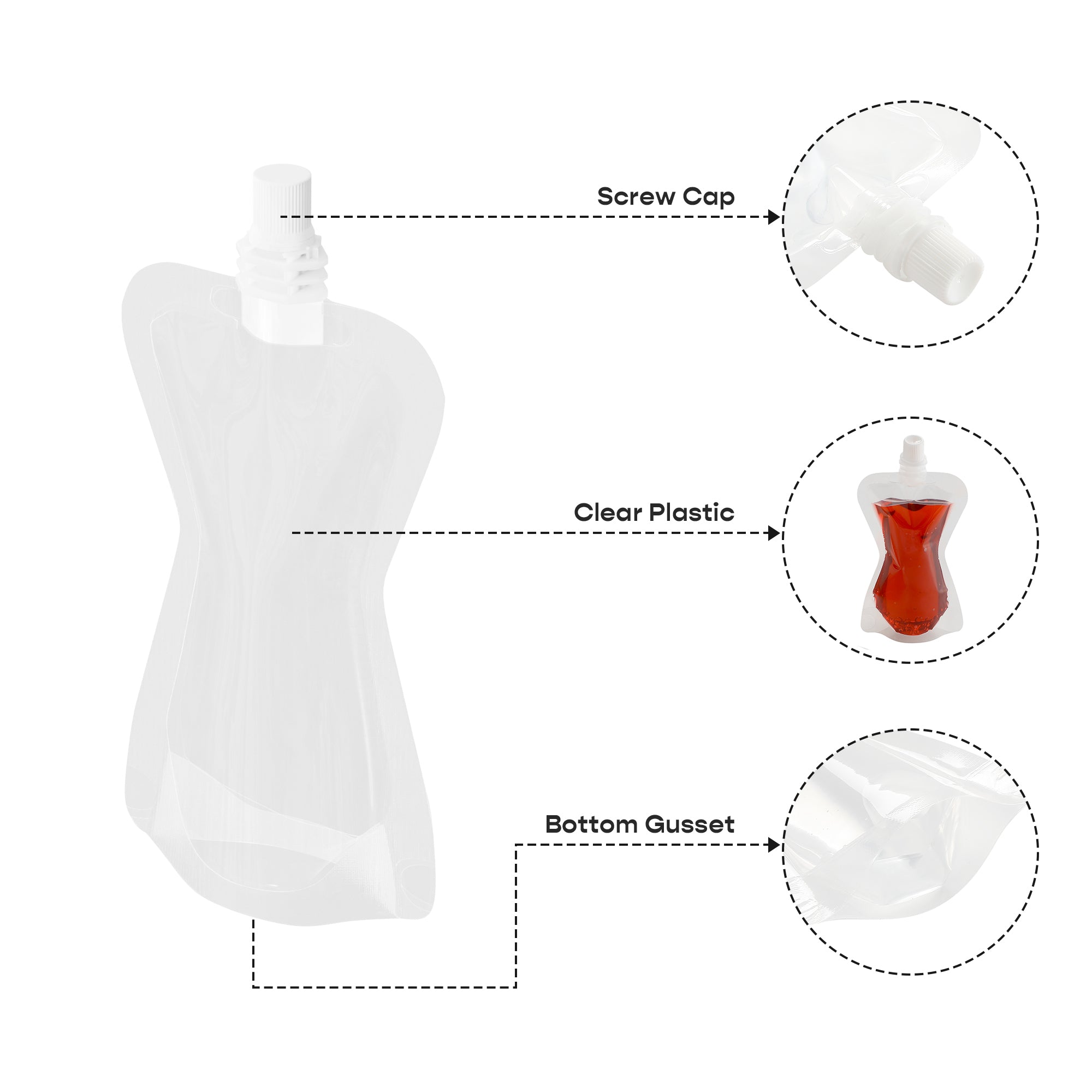 Customizable Glossy Clarity Clear Hourglass Plastic Bottle Pouch with Top Screw Cap Spout (Basic Printing)