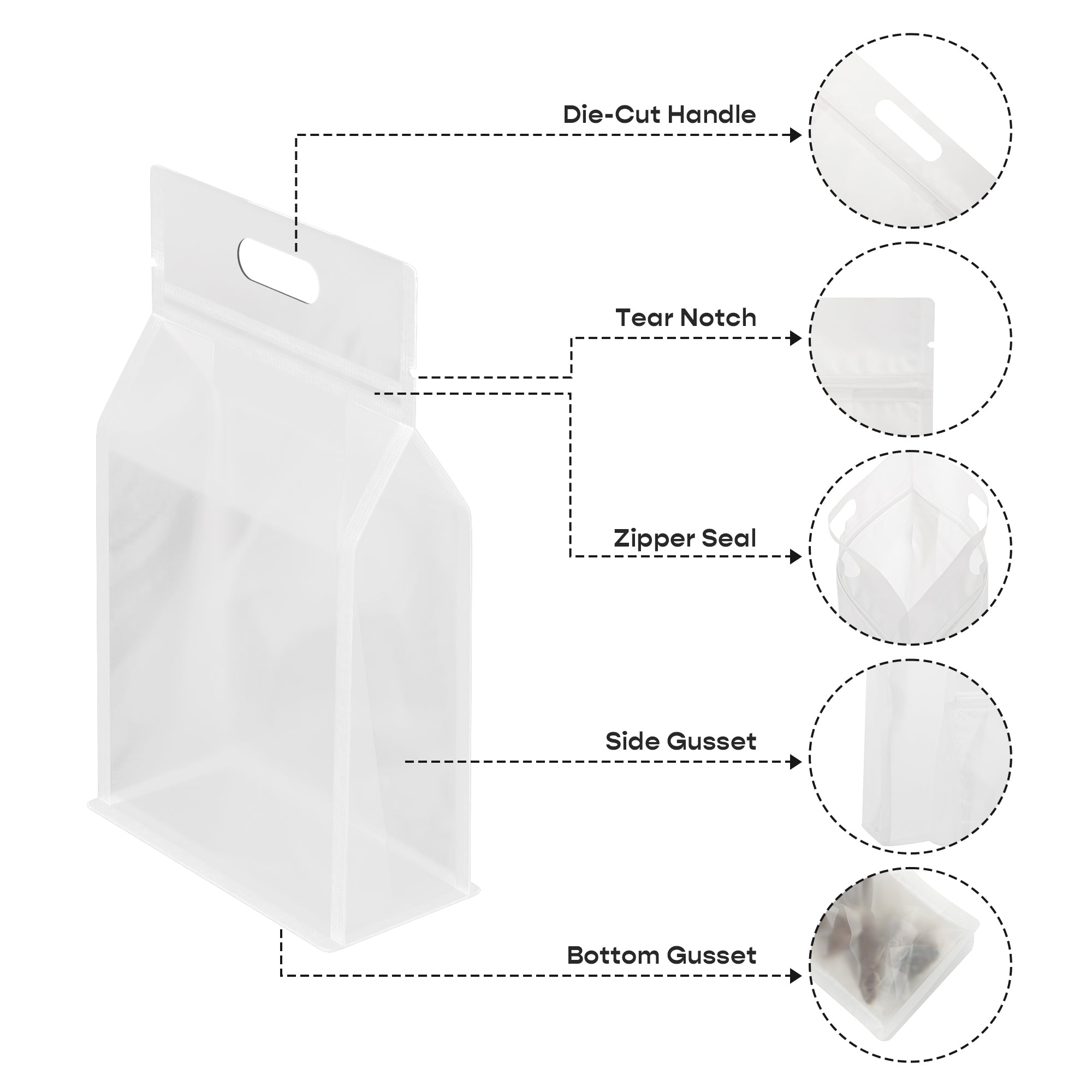 Customizable Clean Clear Polyethylene Side Gusset Stand Up Zipper Seal Bags with Die Cut Handles (Full Customization)