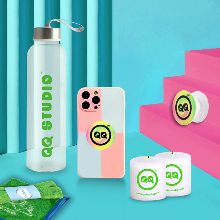 QQ Studio® Gift – Water Bottle + Candle + Pop Socket + Towel