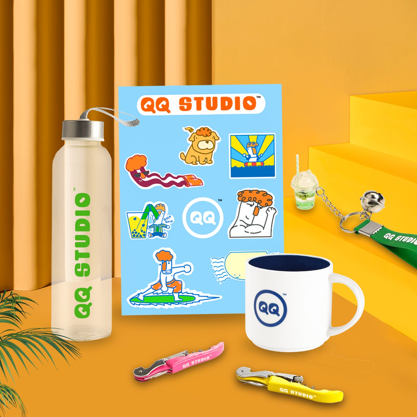 QQ Studio® Gift – Wine Opener + QQ Mug + Keychain + Water Bottle + Reiner Sticker