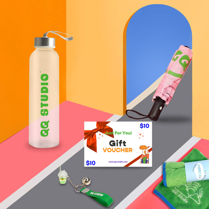 QQ Studio® Gift – Water Bottle + Umbrella + Keychain + Towel