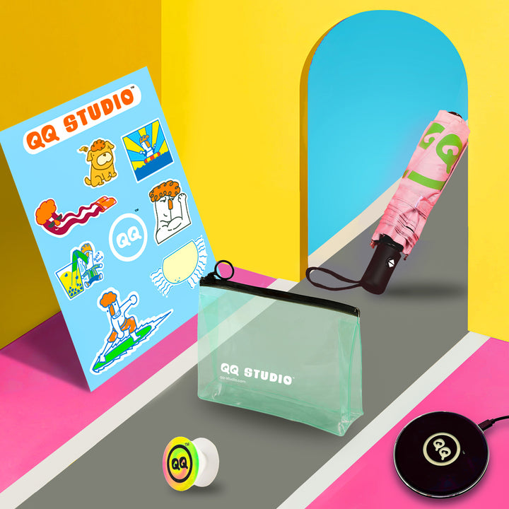 QQ Studio® Gift + Travel Pouch + Pop Socket + Reiner Sticker + Umbrella + Wireless Charging