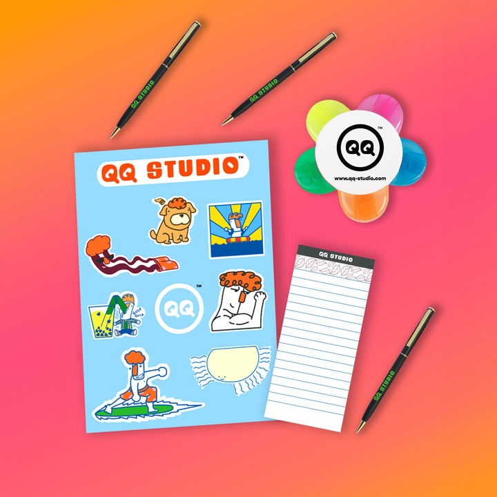 QQ Studio® Gift – Reiner Sticker Sheet + Notepad + Pen + Highlighter