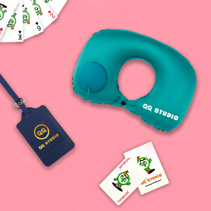 QQ Studio® Gift – Gold Print Luggage Tag + Travel Neck Pillow + Deck of Cards