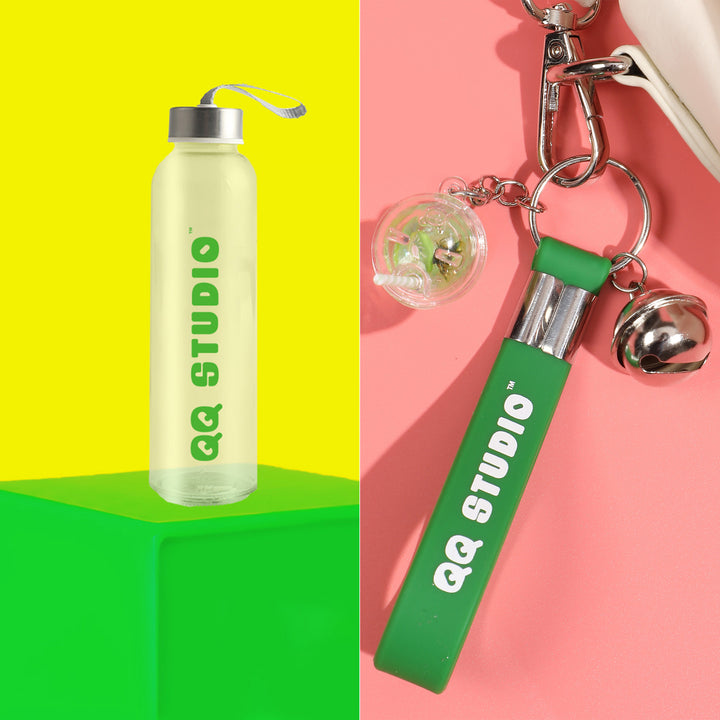 QQ Studio® Gift - Glass Water Bottle + Keychain