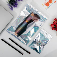 Reusable Flat Zipper Seal Bags – Clear & Half Diamond Holographic Glitter Mylar with Hang Hole
