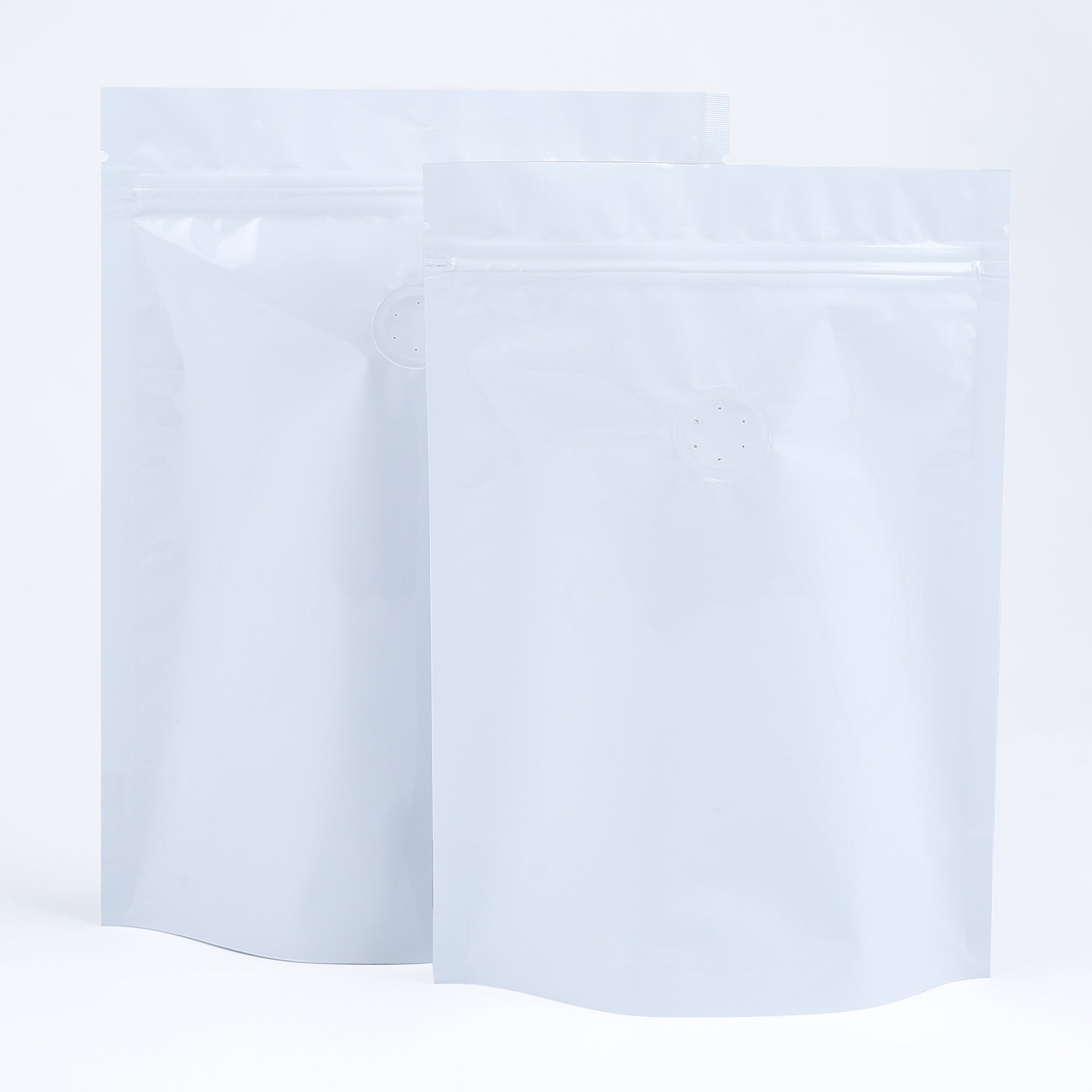 Glossy Pick-me-up Purity White Round Window Plastic and Mylar Stand Strong® Coffee Valve Bags