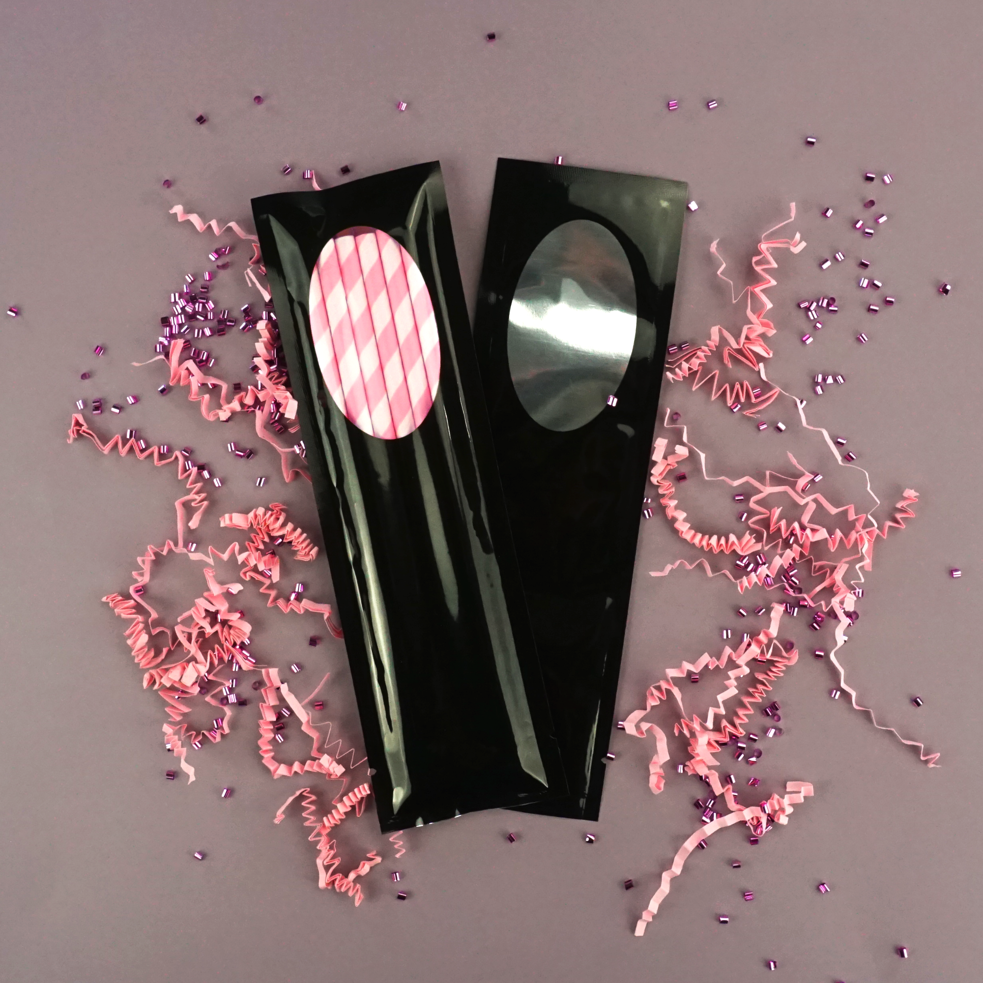 Mirror Black Metallized Open Top Bags with a Clear Oval Transparent Window