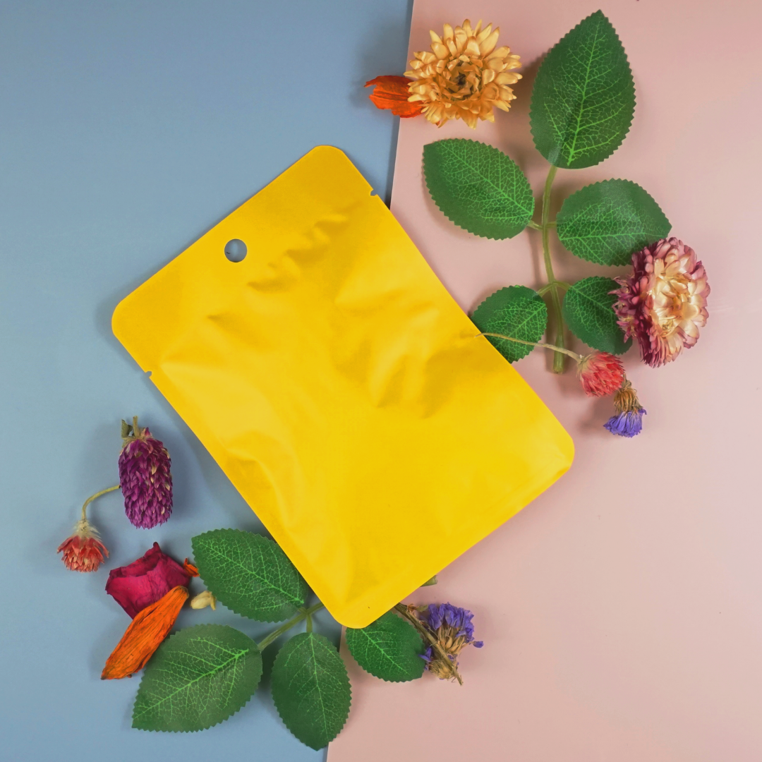 Matte Amber Gold Bottom Fill Aluminum Bags with Round Hang Hole
