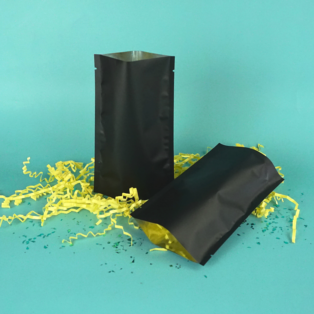Matte Waxed Black Mylar Open Top Heat Sealable Stand-Up Bag