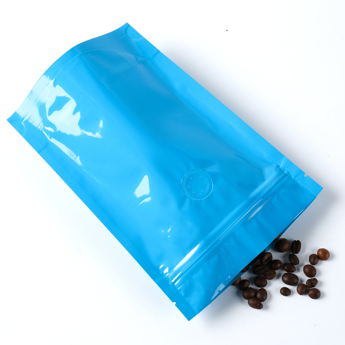 Glossy Full Bodied Wavy Blue Round Window Plastic and Mylar Stand Strong® Coffee Valve Bags