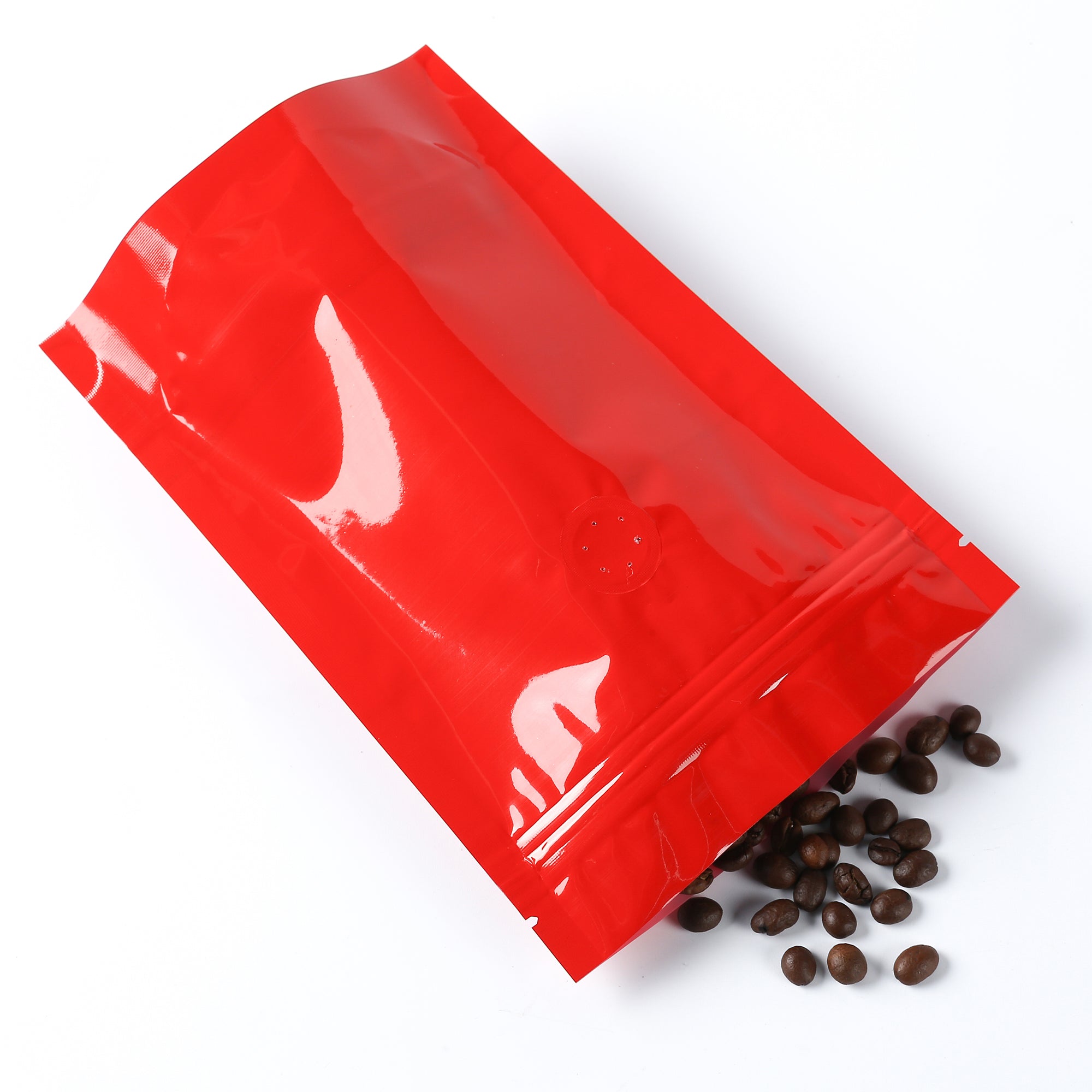 Glossy Candy Cane Mocha Red Round Window Plastic and Mylar Stand Strong® Coffee Valve Bags