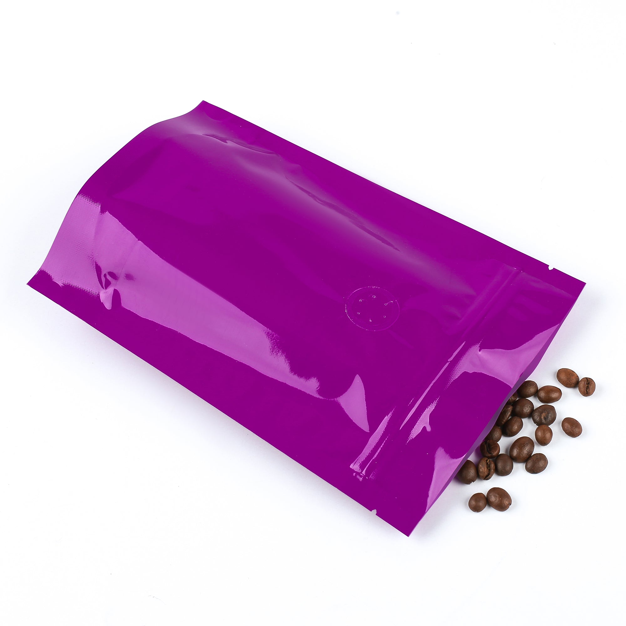 Glossy Peruvian Hazy Purple Round Window Plastic and Mylar Stand Strong® Coffee Valve Bags