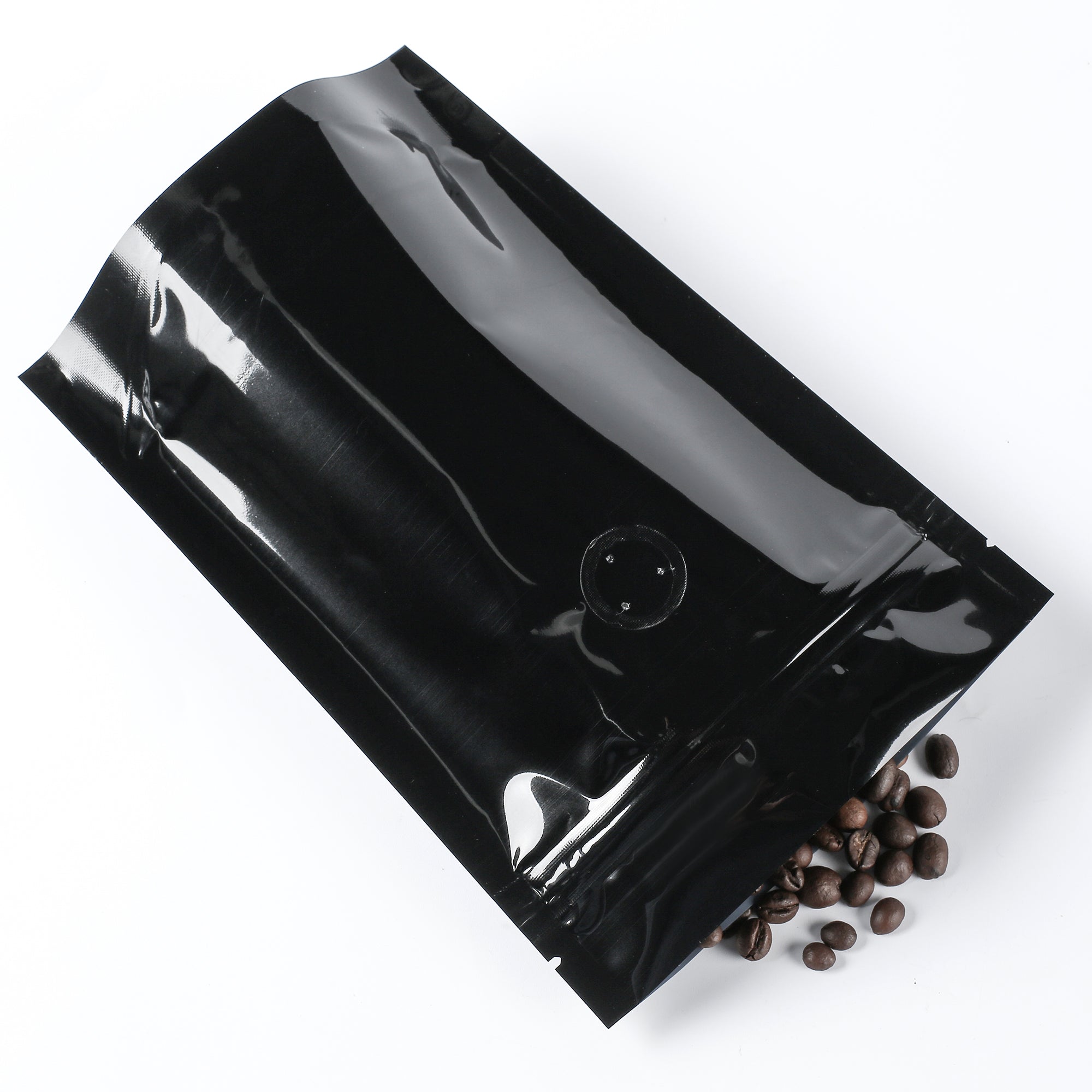 Glossy Café Mirror Black Round Window Plastic and Mylar Stand Strong® Coffee Valve Bags