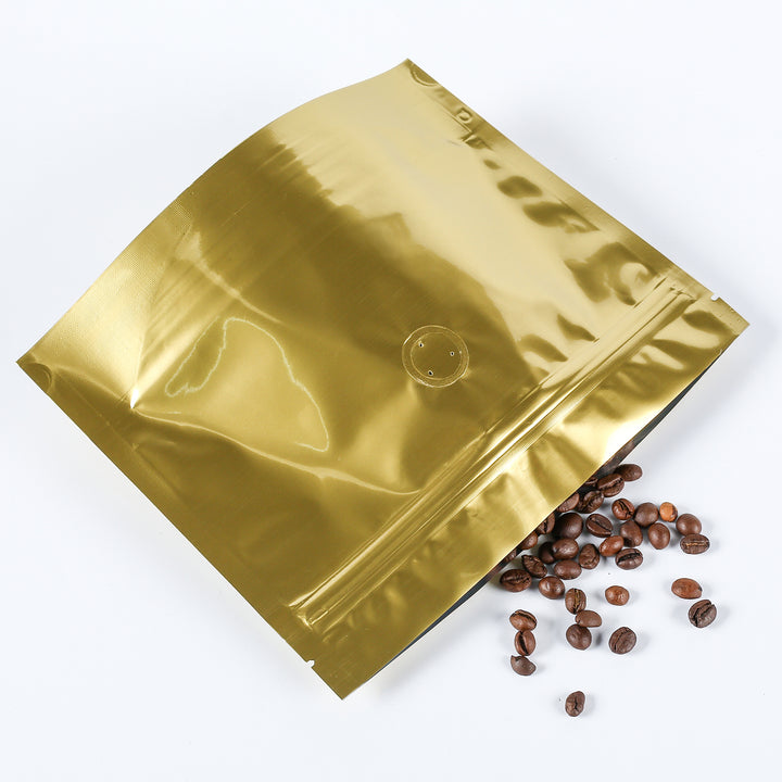 QQ Studio® Double-Sided Glossy Roasted Trophy Gold Horizontal Mylar StandStrong™ Coffee Valve Bags