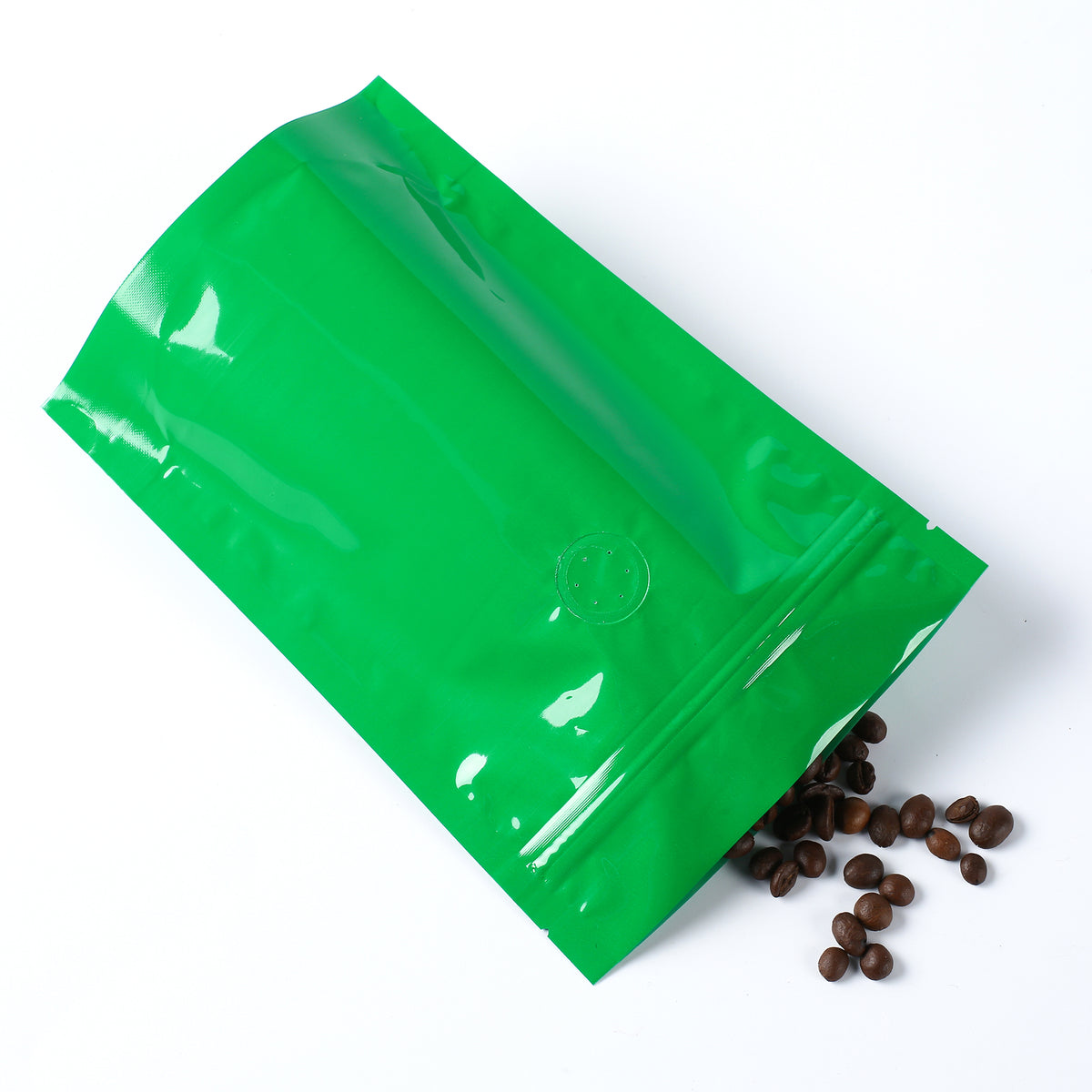 Glossy Caffeinated Clover Green Round Window Plastic and Mylar Stand Strong® Coffee Valve Bags