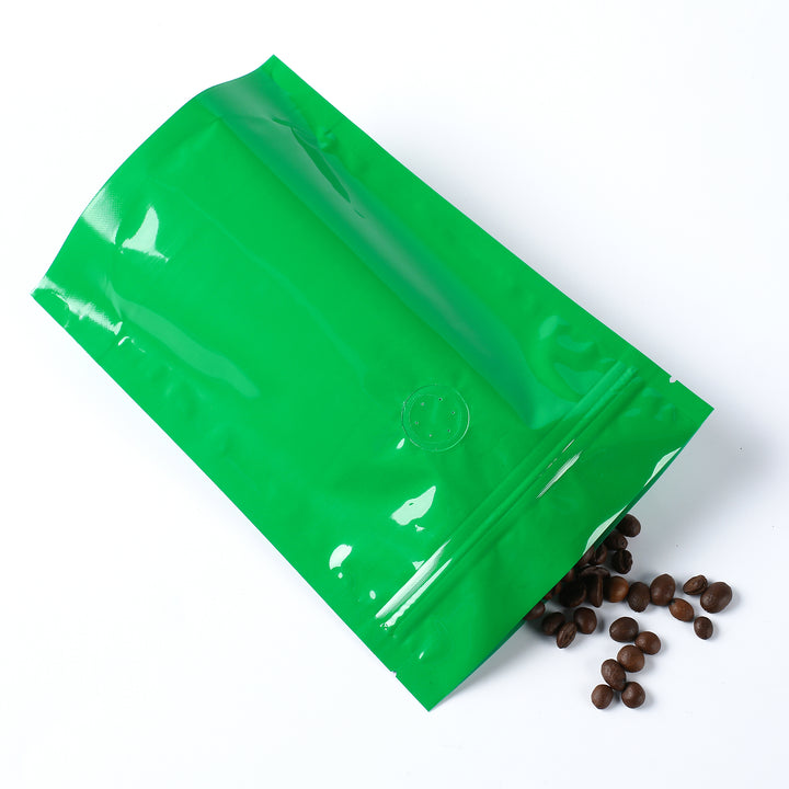 QQ Studio® Glossy Caffeinated Clover Green Round Window Plastic and Mylar Stand Strong™ Coffee Valve Bags