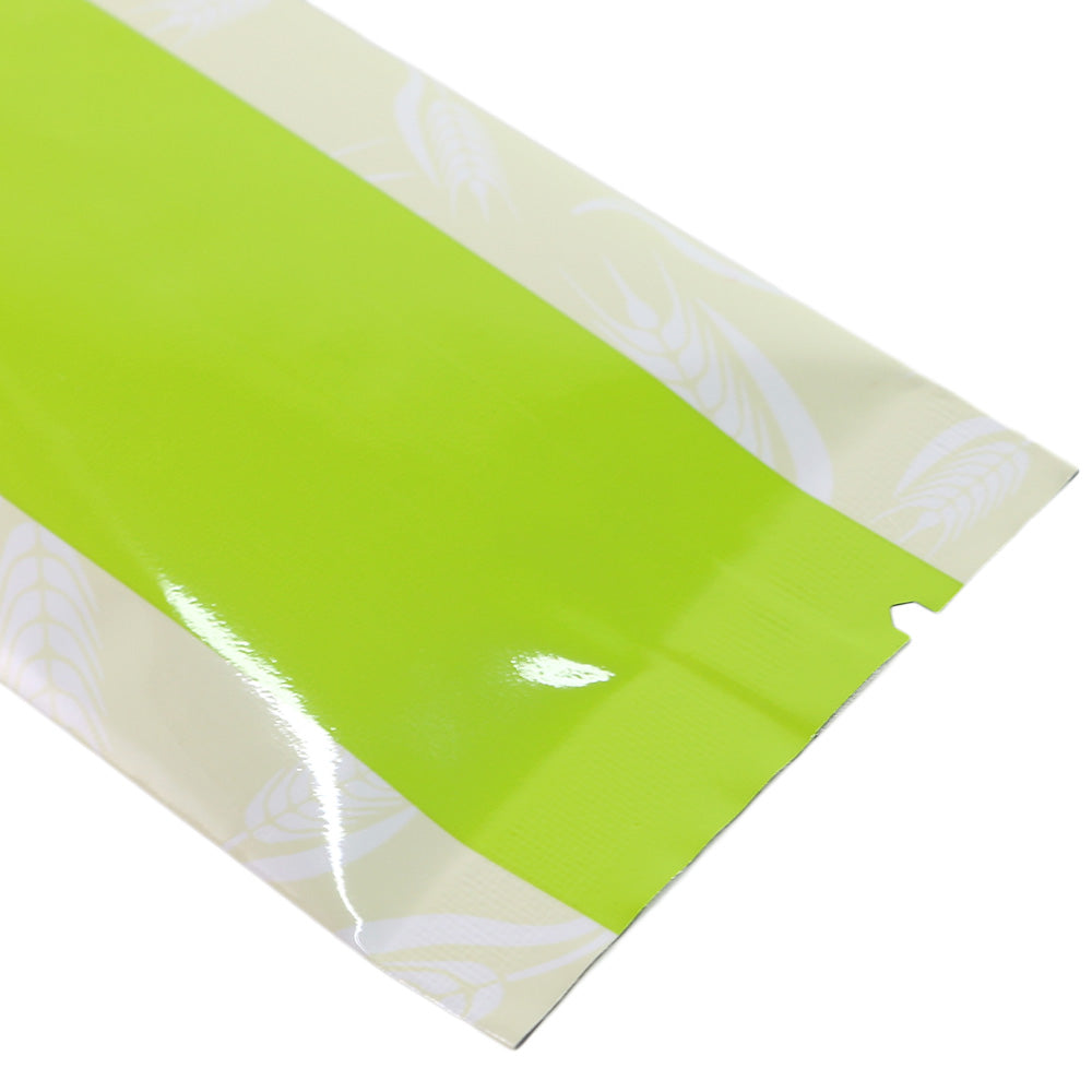 Glossy Harvest Green Metallized Open Top Stick Bag with Round Bakery Design