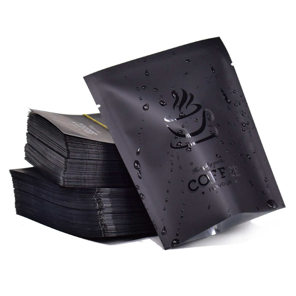 Matte Coffee Black Aluminum Open Bottom Bag with Glossy Drip Coffee Design
