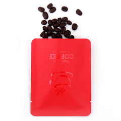 Matte Coffee Bean Red Aluminum Open Bottom Bag with Glossy Drip Coffee Design