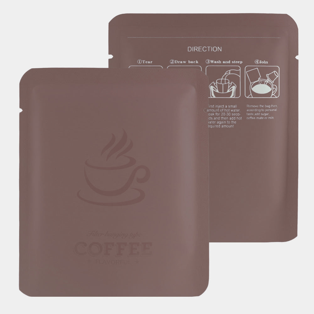 Matte Dark Roast Brown Aluminum Open Bottom Bag with Glossy Drip Coffee Design