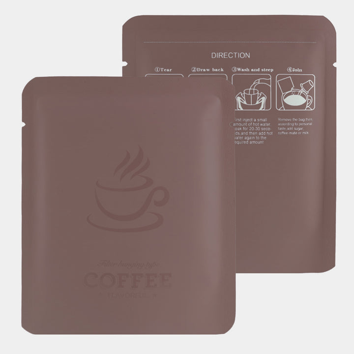 QQ Studio® Matte Dark Roast Brown Aluminum Open Bottom Bag with Glossy Drip Coffee Design