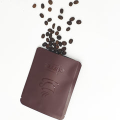 Matte Dark Roast Brown Aluminum Open Bottom Bag with Glossy Drip Coffee Design