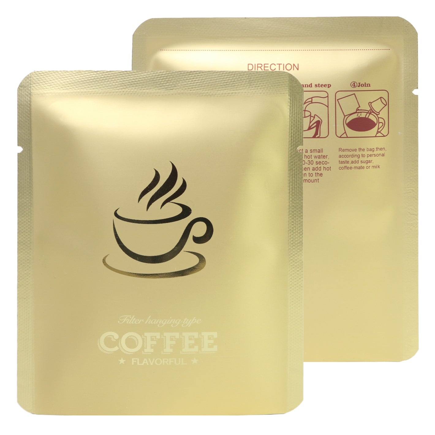 QQ Studio® Matte Blonde Roast Gold Aluminum Open Bottom Bag with Glossy Drip Coffee Design