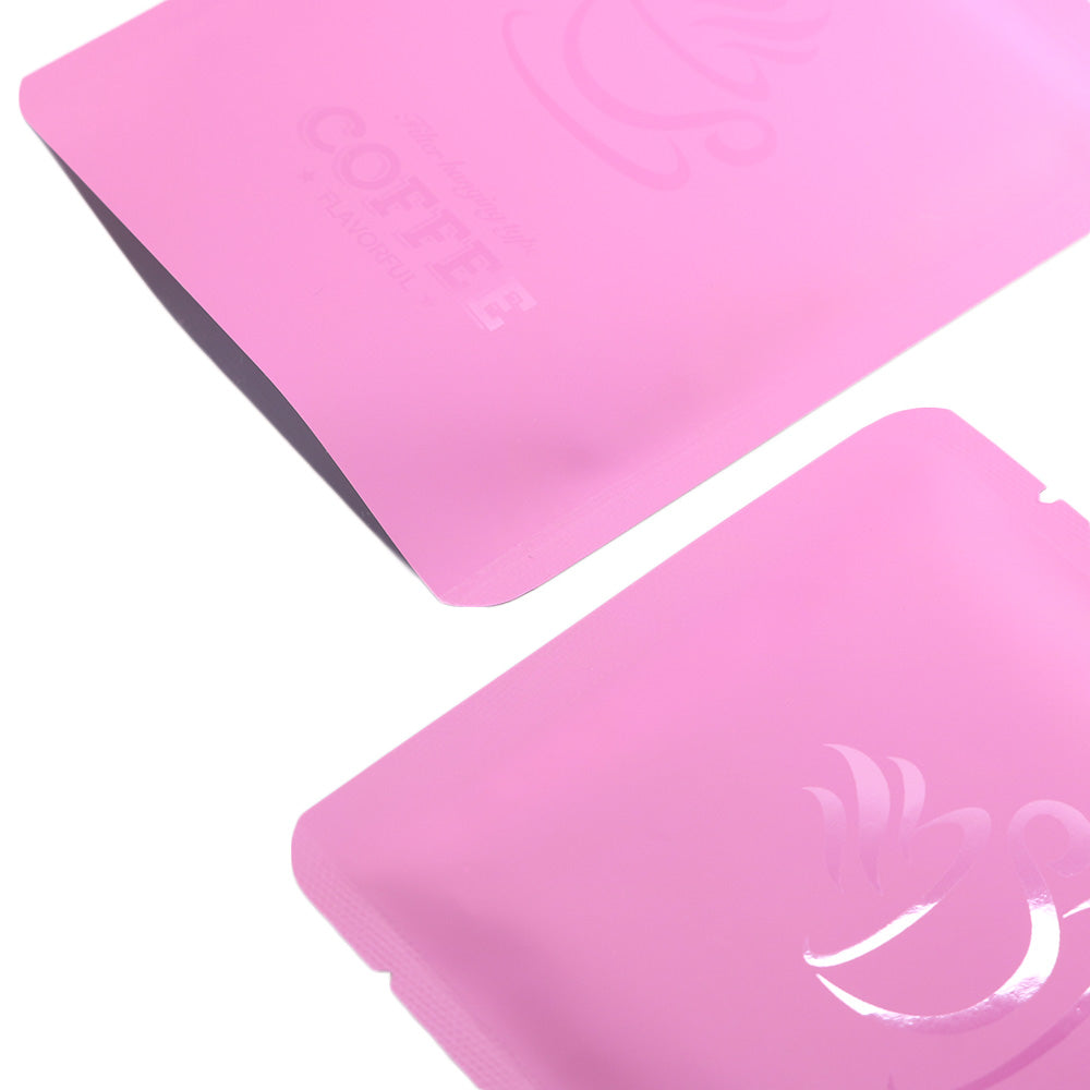 Matte Brewed Pink Aluminum Open Bottom Bag with Glossy Drip Coffee Design