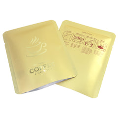 Matte Blonde Roast Gold Aluminum Open Bottom Bag with Glossy Drip Coffee Design