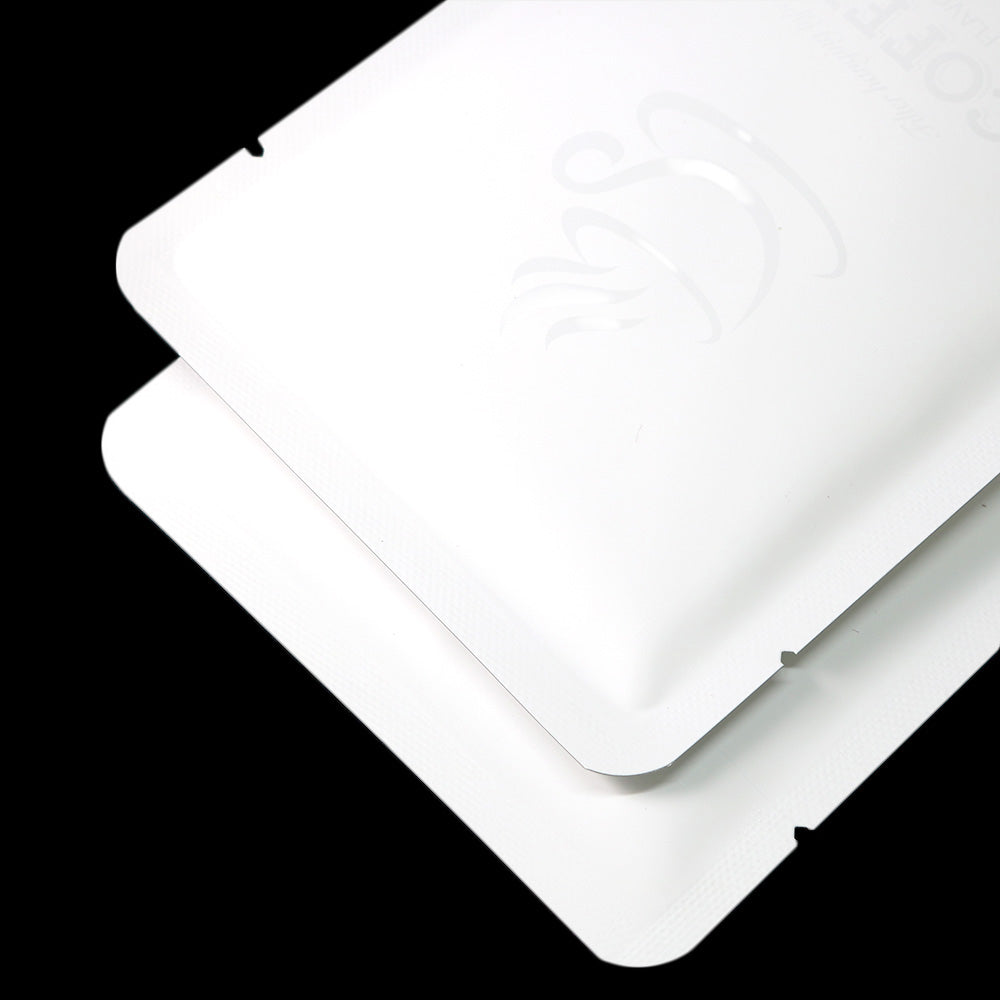 Matte Vanilla Bean White Aluminum Open Bottom Bag with Glossy Drip Coffee Design