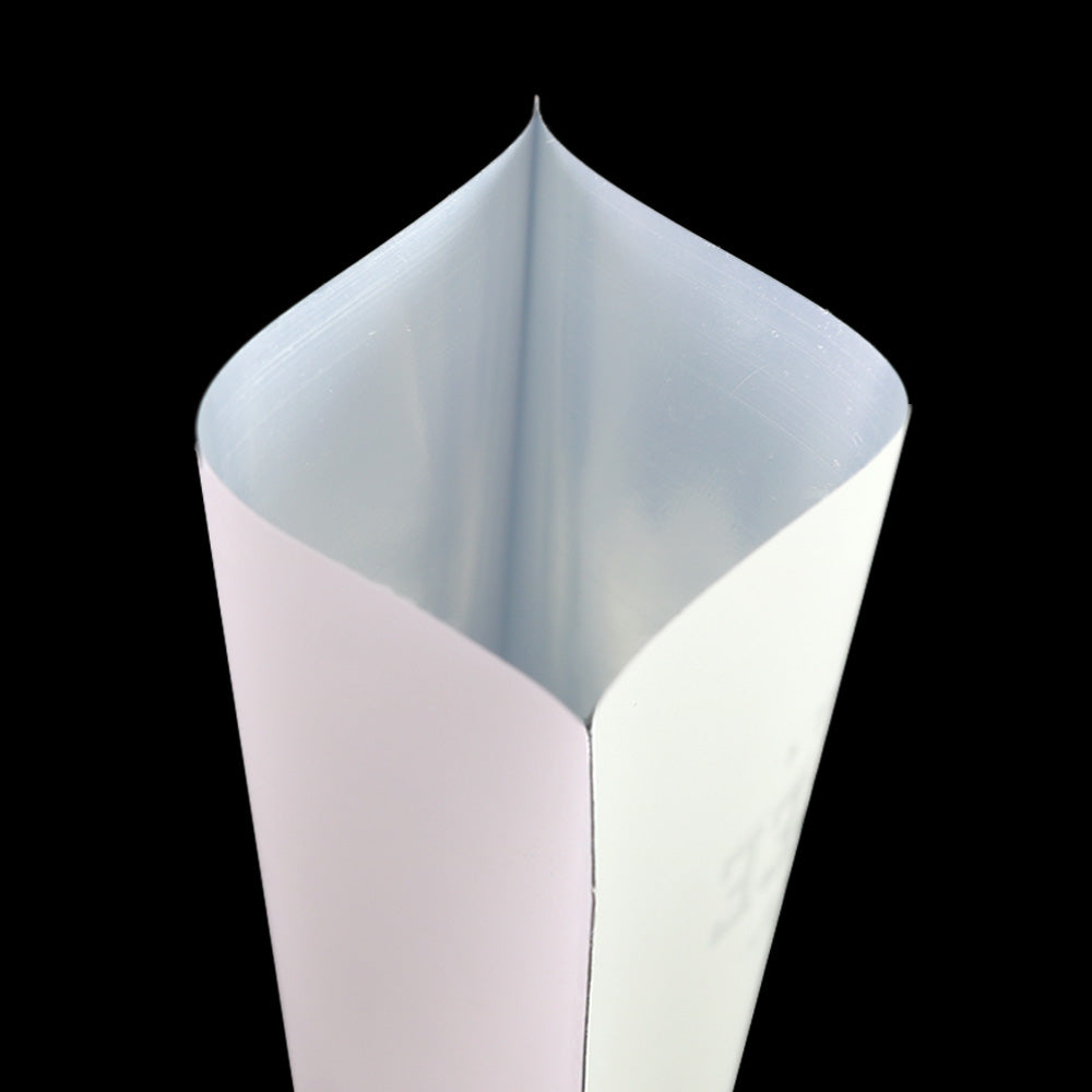 Matte Vanilla Bean White Aluminum Open Bottom Bag with Glossy Drip Coffee Design
