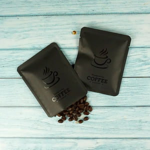 Matte Coffee Black Aluminum Open Bottom Bag with Glossy Drip Coffee Design