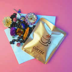 Matte Blonde Roast Gold Aluminum Open Bottom Bag with Glossy Drip Coffee Design