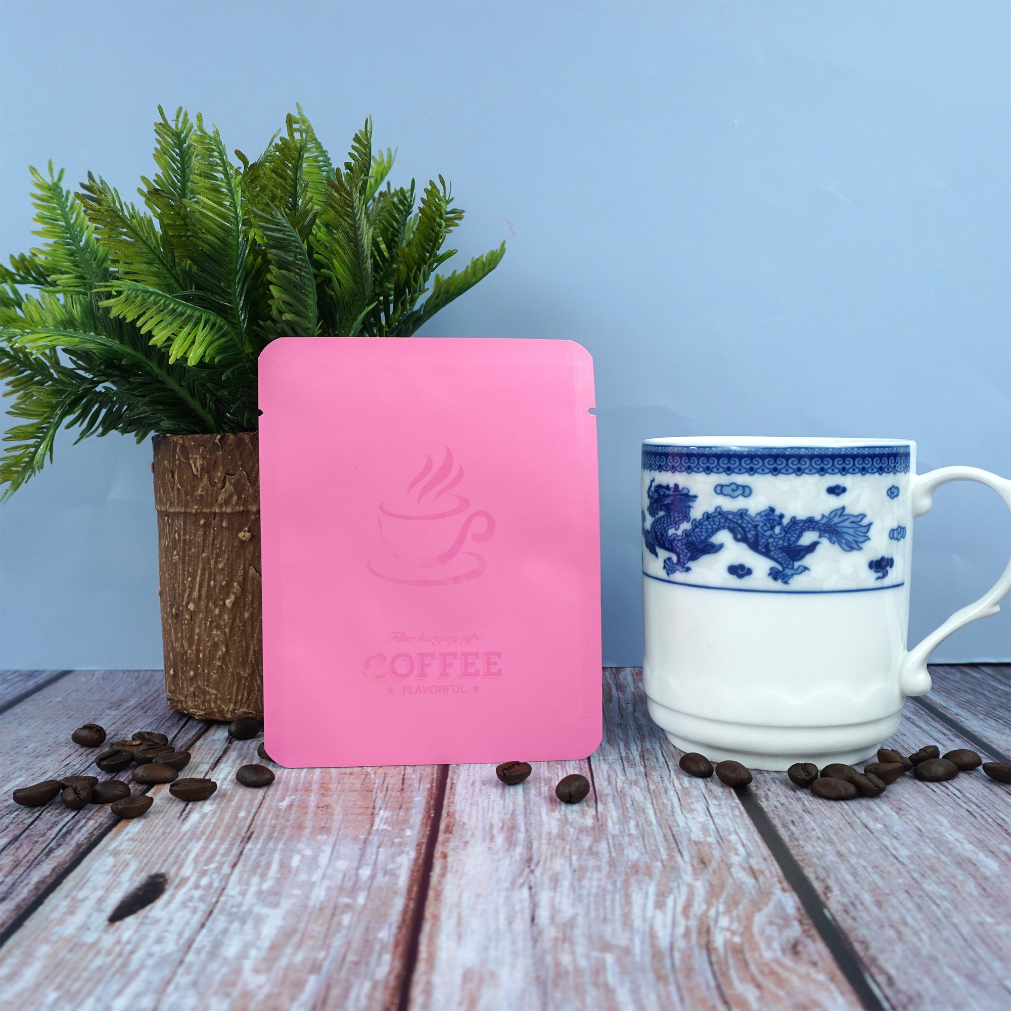 Matte Brewed Pink Aluminum Open Bottom Bag with Glossy Drip Coffee Design