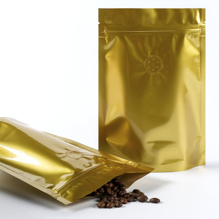 QQ Studio® Glossy Sweet Cream Gold Round Window Plastic and Mylar Stand Strong™ Coffee Valve Bags
