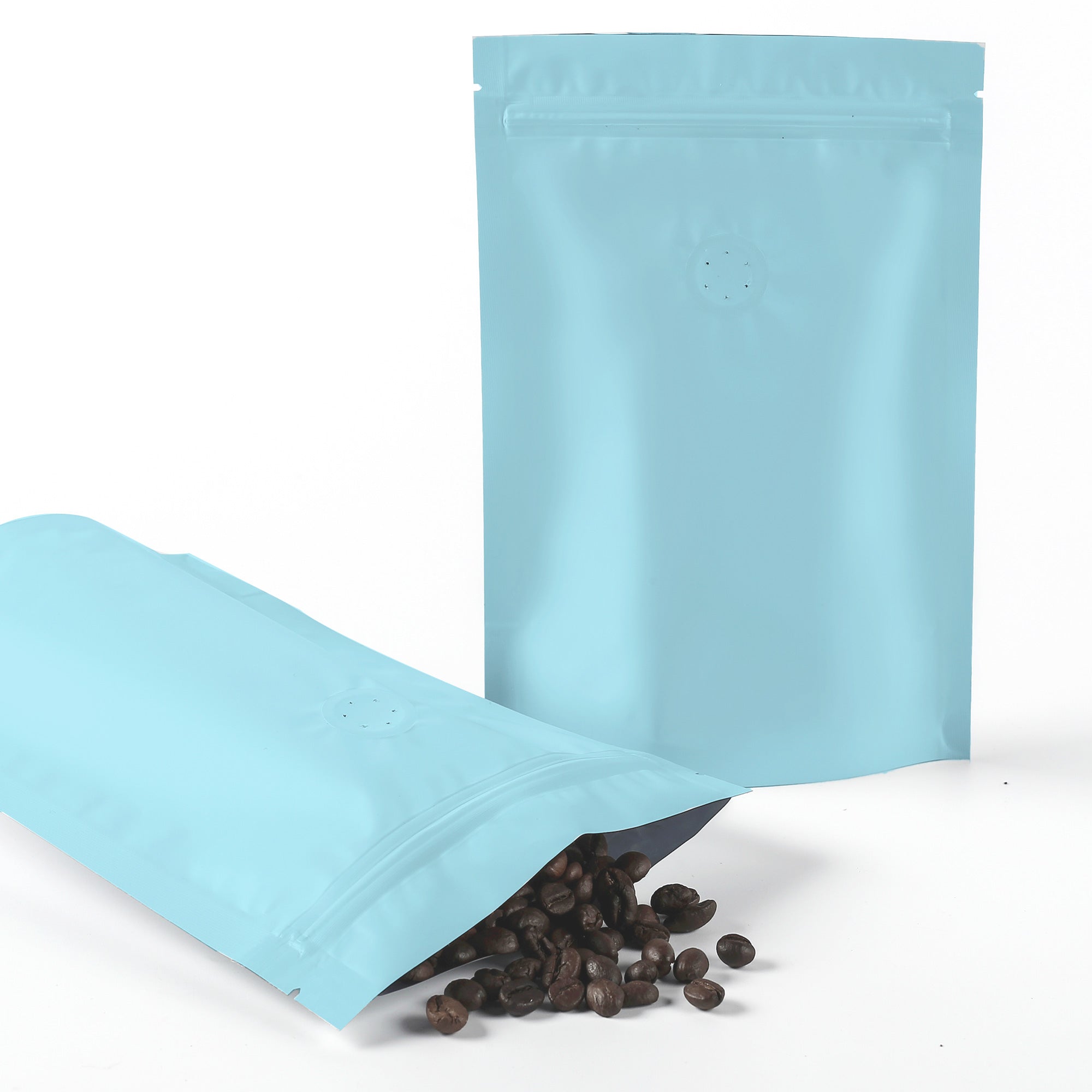 Matte Songbird Blue Mylar Foil Stand Strong® Coffee Valve Bags