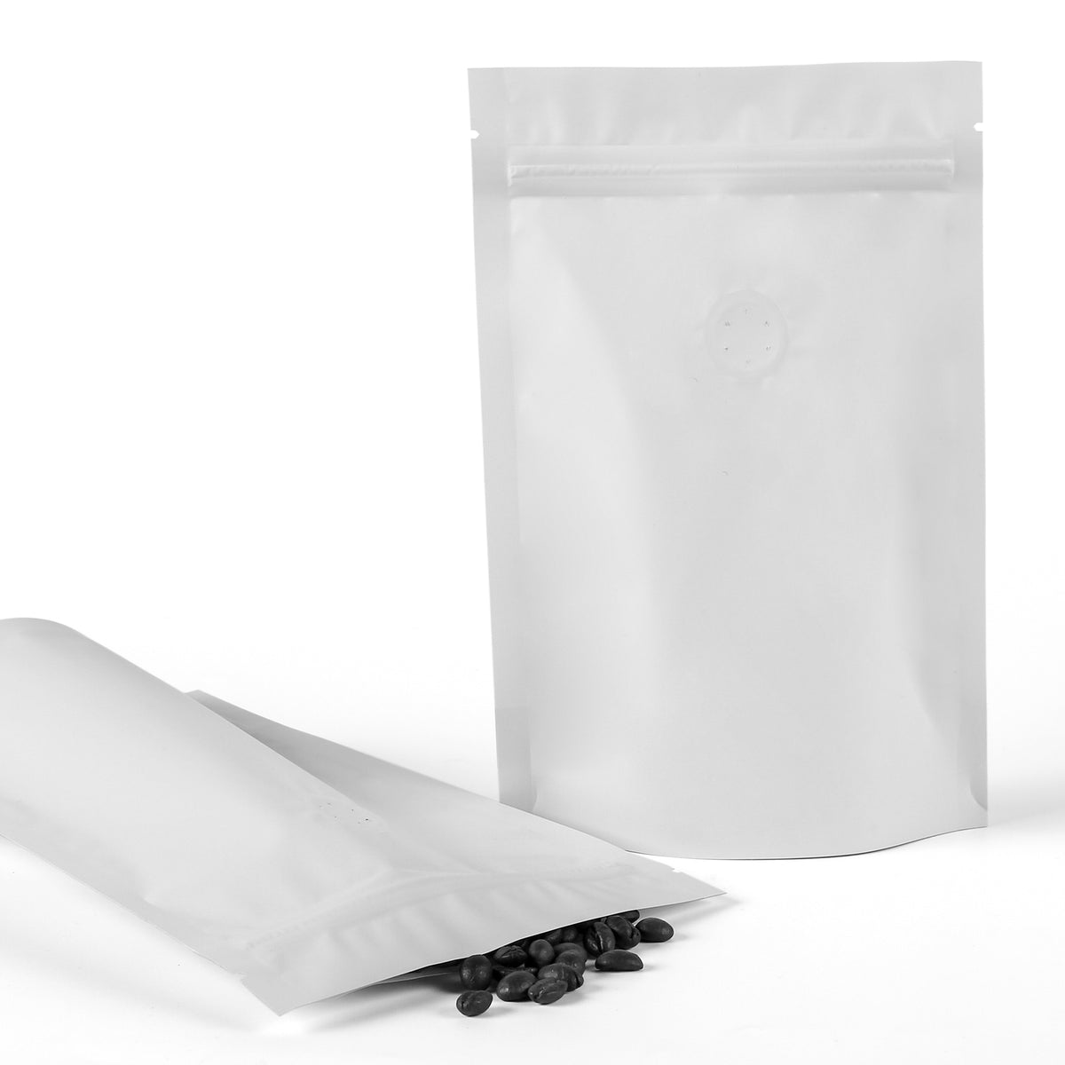 Single Side Matte Shake it Off White Metallic Mylar Stand Strong® Coffee Valve Bags