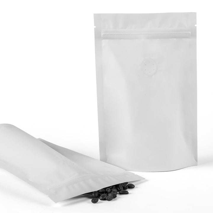 QQ Studio® Single Side Matte Shake it Off White Metallic Mylar Stand Strong™ Coffee Valve Bags