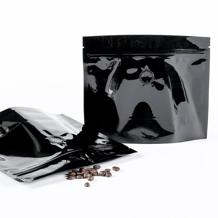 QQ Studio® Double-Sided Glossy Café Mirror Black Horizontal Mylar StandStrong™ Coffee Valve Bags