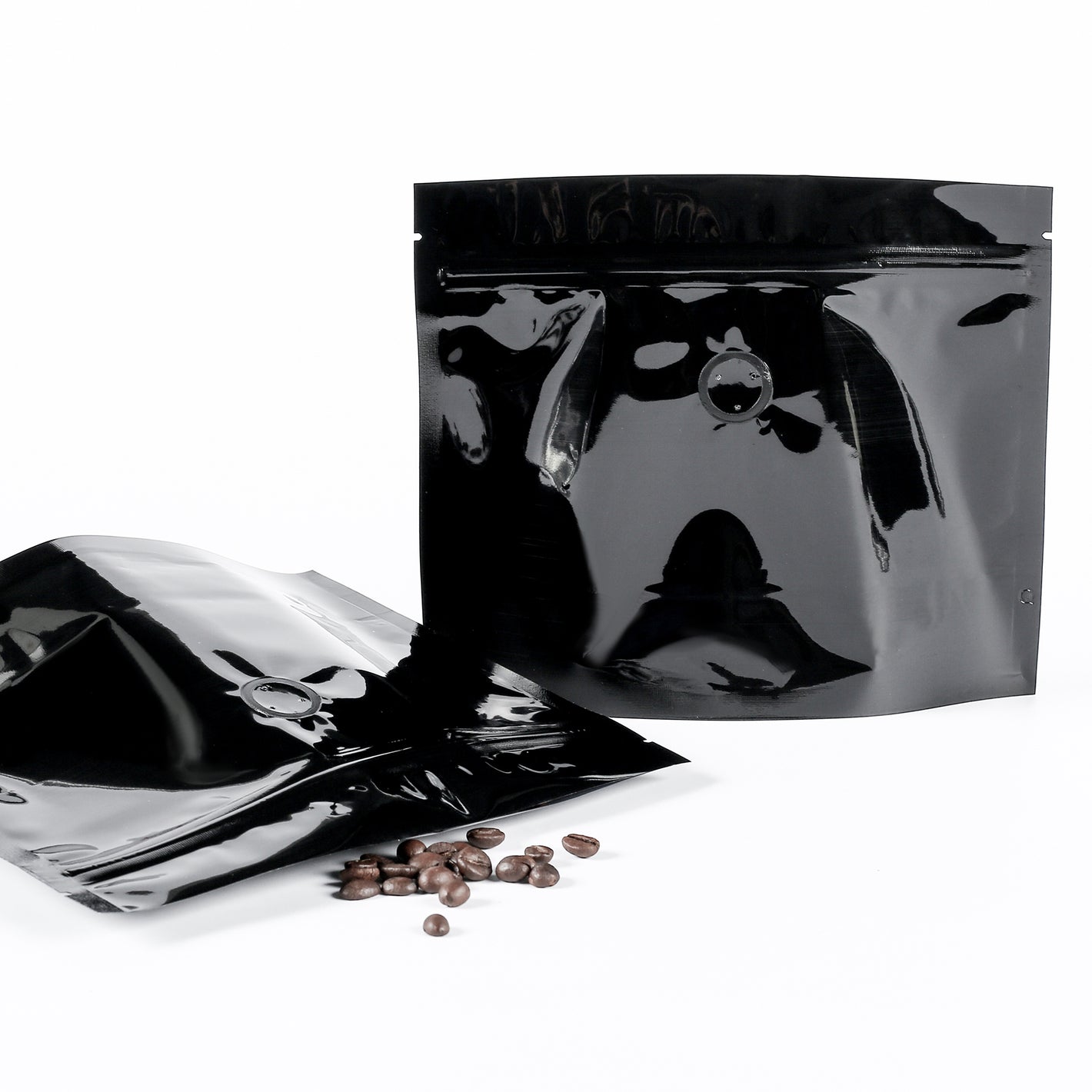 Double-Sided Glossy Café Mirror Black Horizontal Mylar StandStrong™ Coffee Valve Bags