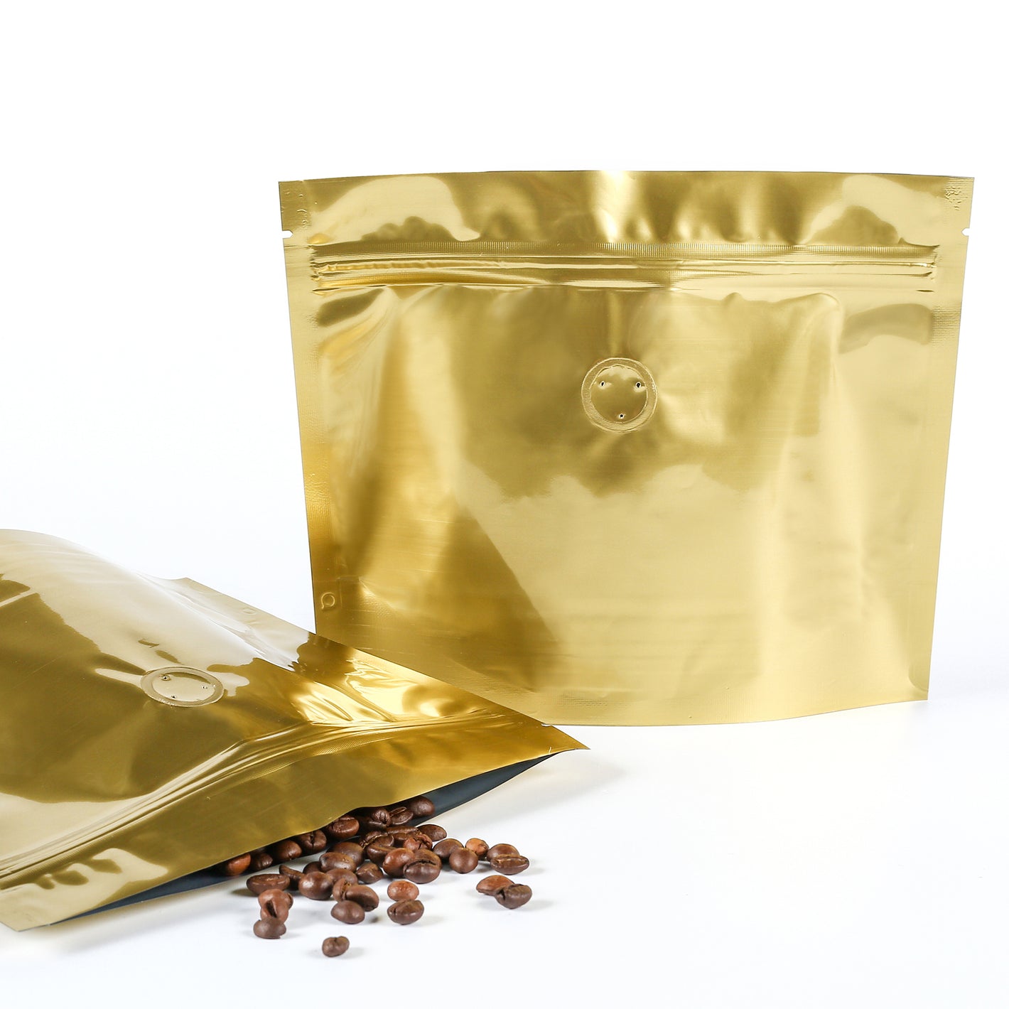 QQ Studio® Double-Sided Glossy Roasted Trophy Gold Horizontal Mylar StandStrong™ Coffee Valve Bags