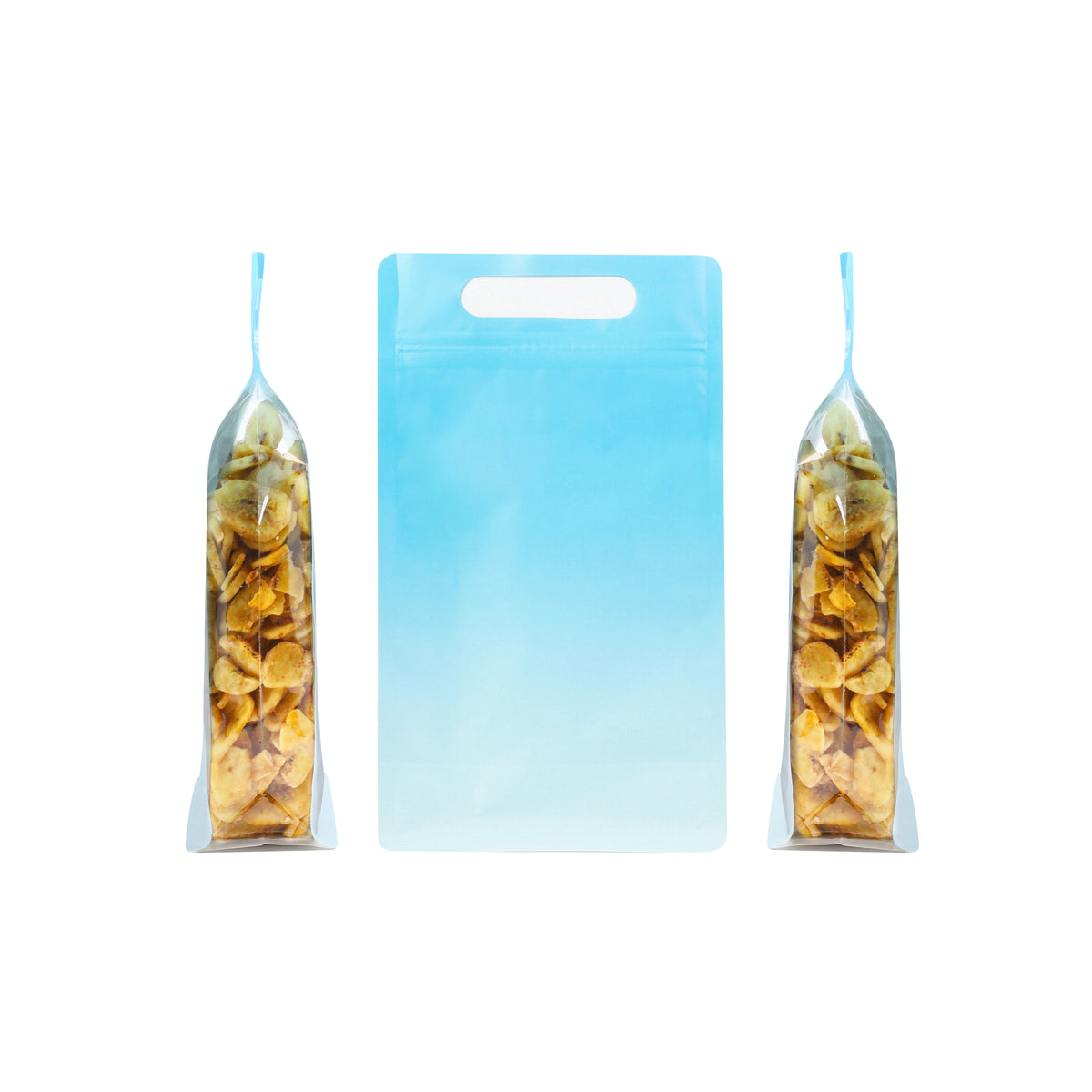 Gradient Sky Blue Clear Side Gusset Stand Strong® Bags with Die-Cut Handle
