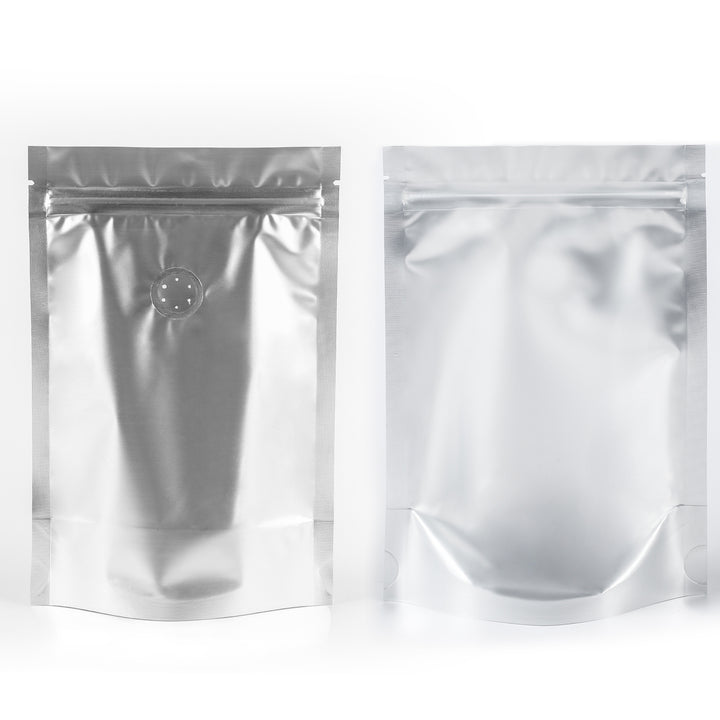 QQ Studio® Single Side Matte Nightcap Nickel Silver Metallic Mylar Stand Strong™ Coffee Valve Bags