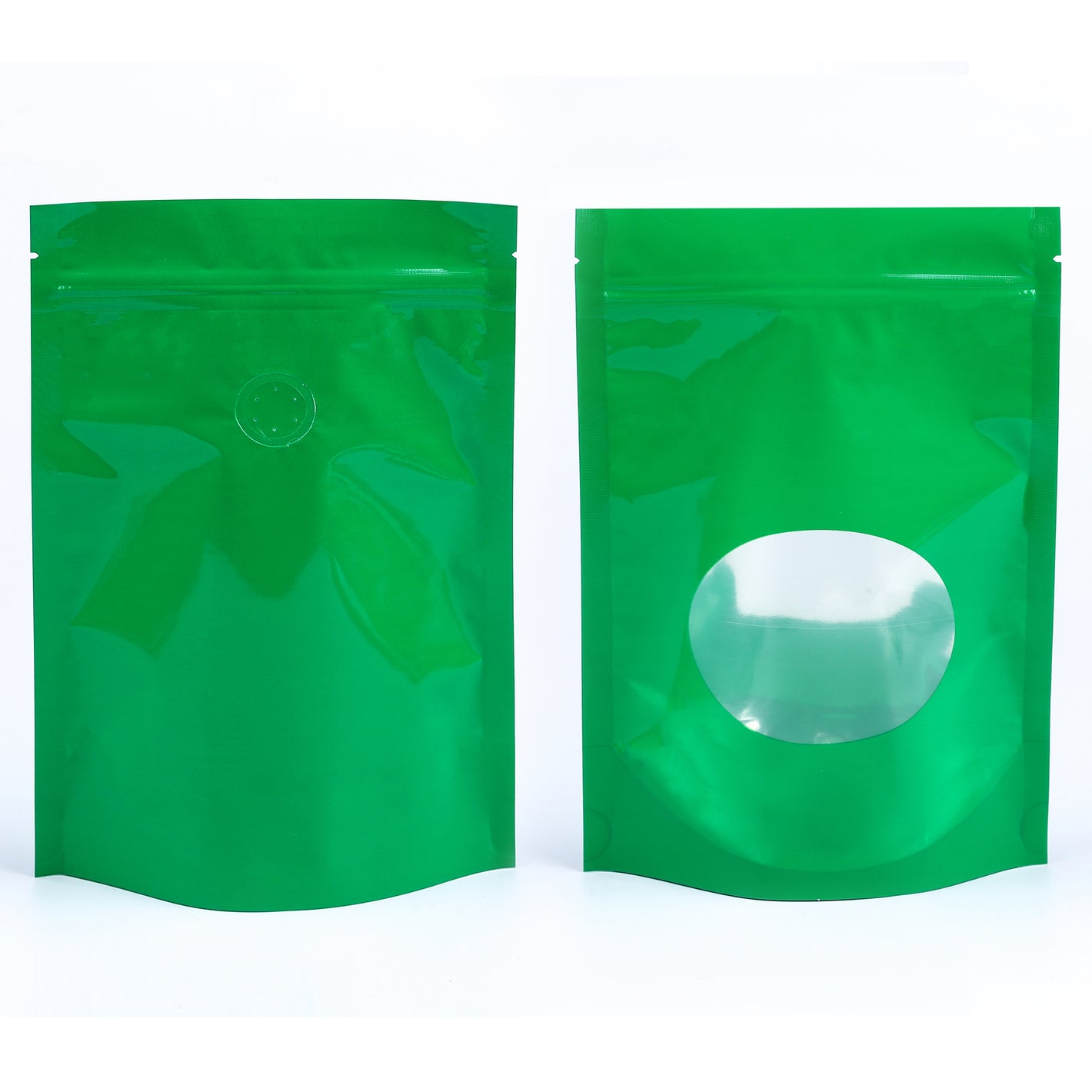 QQ Studio® Glossy Caffeinated Clover Green Round Window Plastic and Mylar Stand Strong™ Coffee Valve Bags