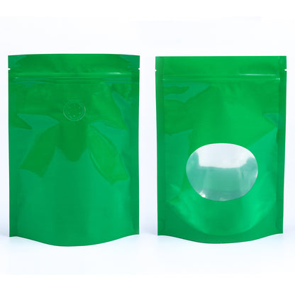 QQ Studio® Glossy Caffeinated Clover Green Round Window Plastic and Mylar Stand Strong™ Coffee Valve Bags