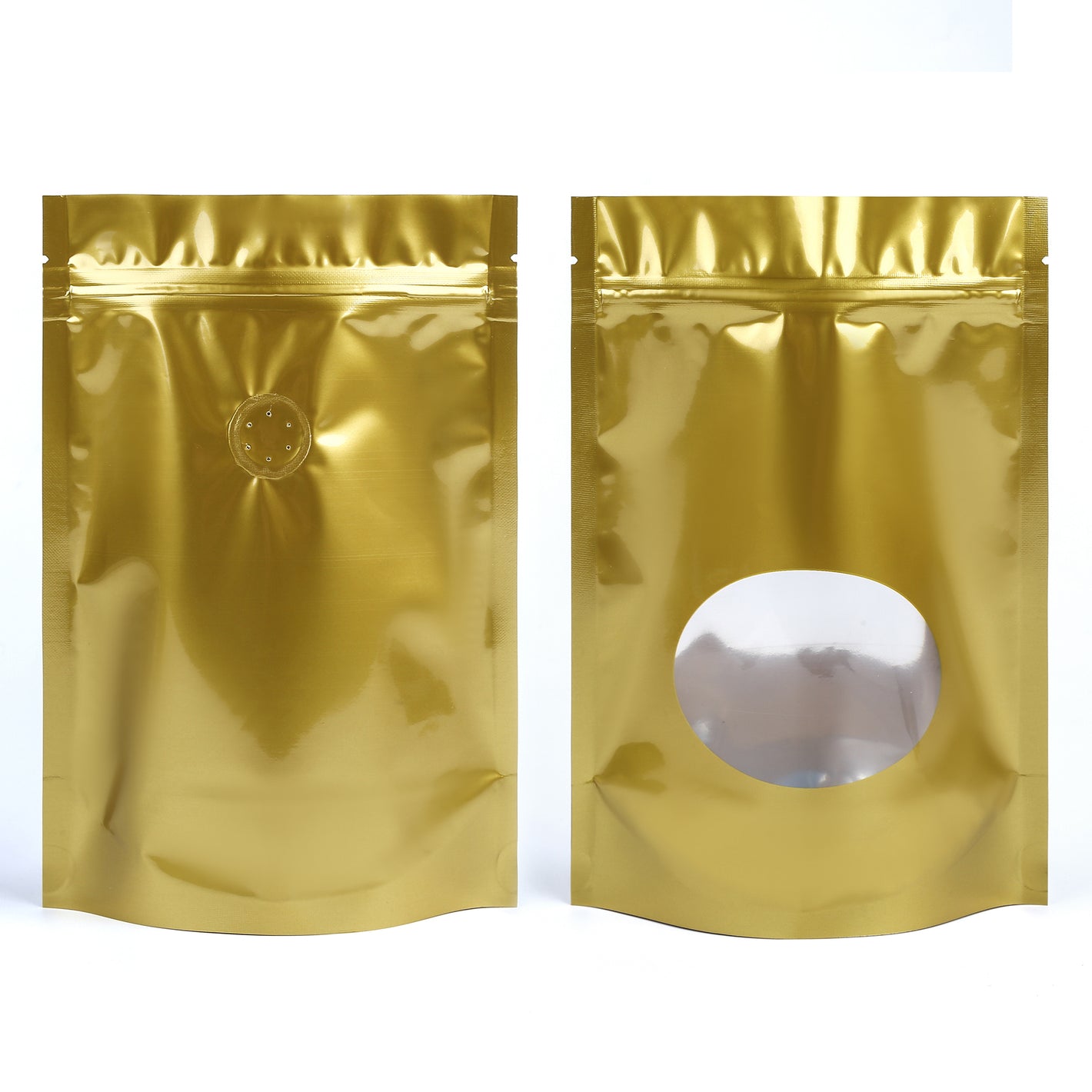 QQ Studio® Glossy Sweet Cream Gold Round Window Plastic and Mylar Stand Strong™ Coffee Valve Bags