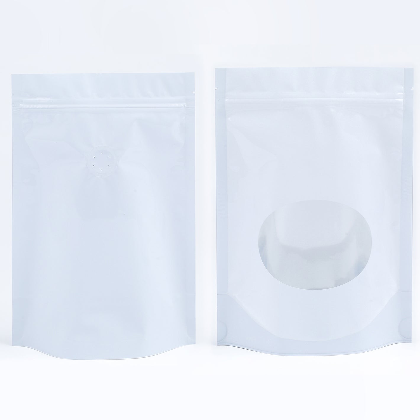 QQ Studio® Glossy Pick-me-up Purity White Round Window Plastic and Mylar Stand Strong™ Coffee Valve Bags