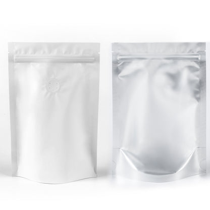 QQ Studio® Single Side Matte Shake it Off White Metallic Mylar Stand Strong™ Coffee Valve Bags